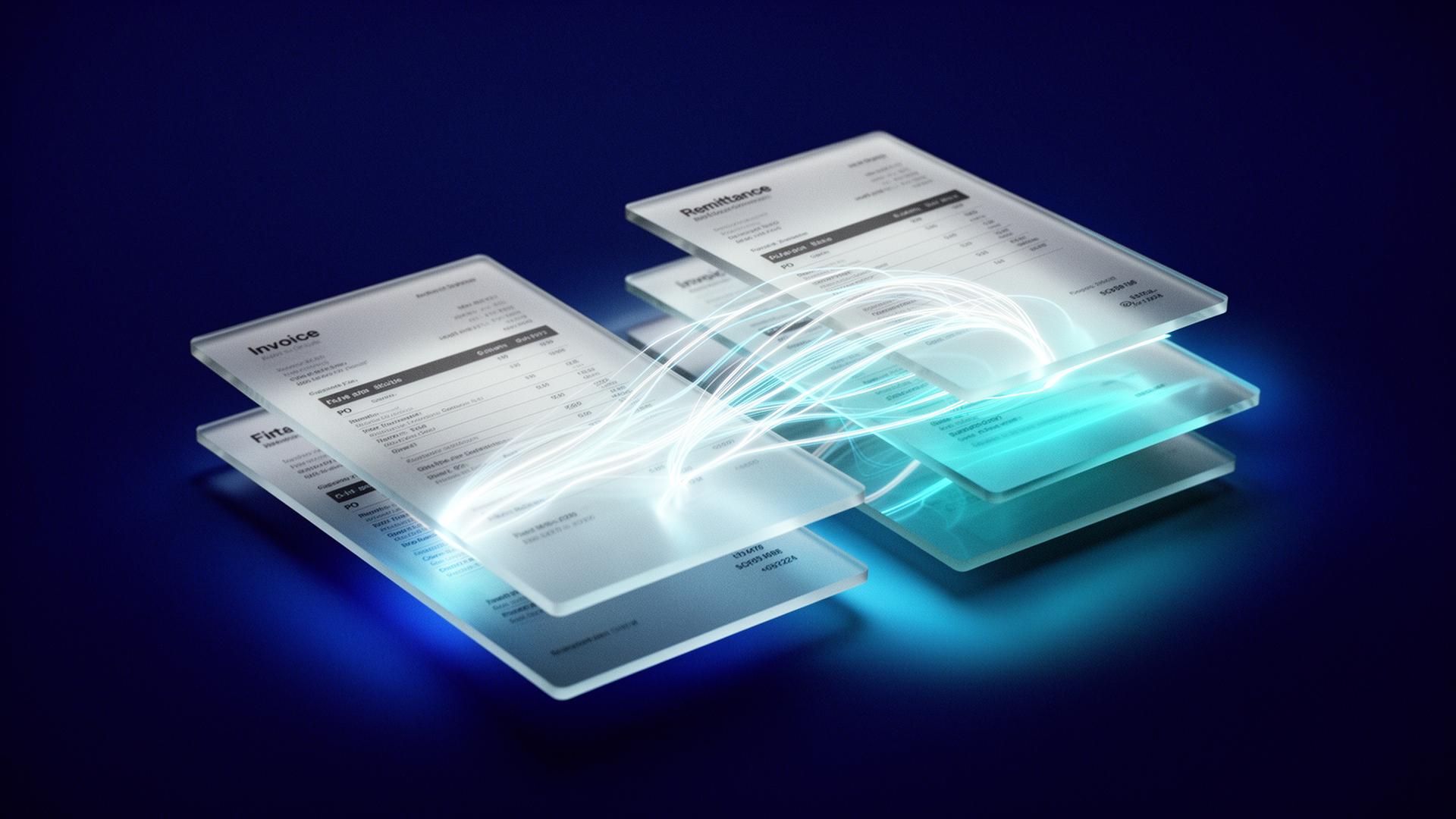 Abstract editorial illustration of an AP workflow plugging into multiple ERP systems