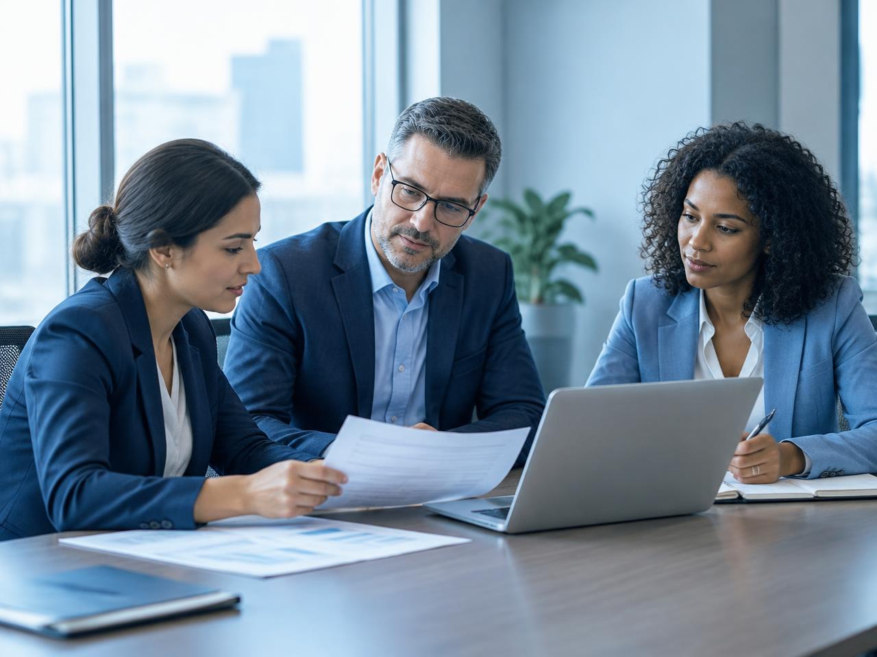 Benefit fund team reviewing employer submission documents together in a conference room